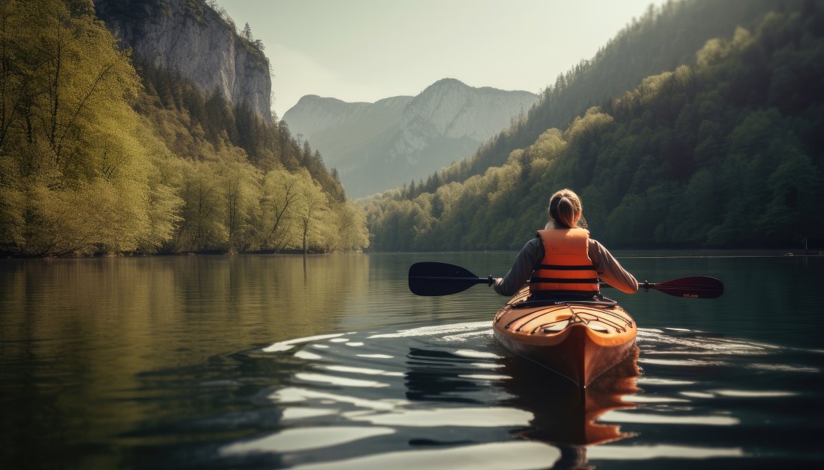 Kayaking on a tree lined river
